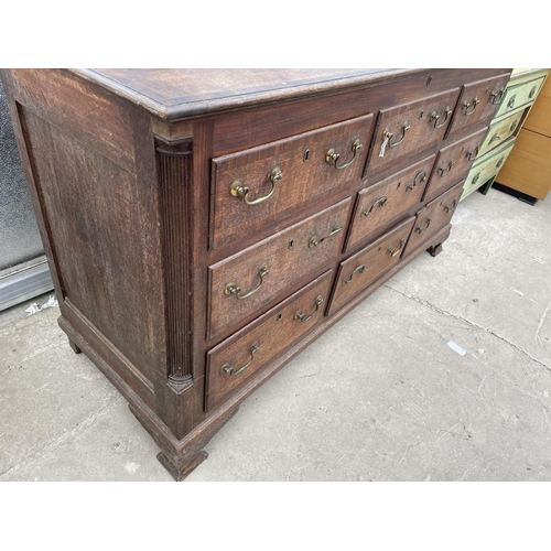 1901 - A GEORGE III OAK AND CROSSBANDED LANCASHIRE CHEST WITH FOUR SHAM DRAWERS, TWO BASE DRAWERS, ON OGEE ... 