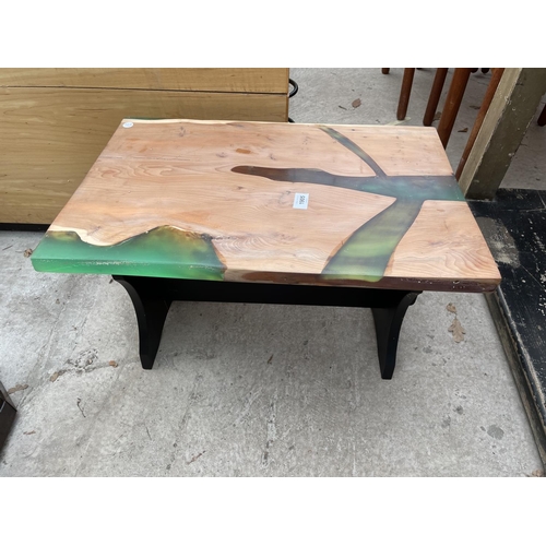 1905 - A MODERN PINE COFFEE TABLE INSET WITH EPOXY RESIN DECORATION, 24x16