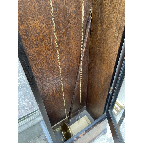 1916 - AN EARLY 20TH CENTURY OAK HALL LONGCASE CLOCK WITH GLASS DOOR AND THREE WEIGHTS