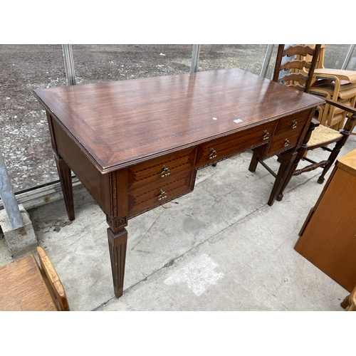 1933 - A 19TH CENTURY STYLE MAHOGANY AND INLAID KNEEHOLE DESK ENCLOSING FIVE DRAWERS, 52