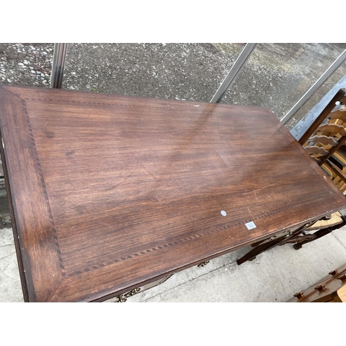 1933 - A 19TH CENTURY STYLE MAHOGANY AND INLAID KNEEHOLE DESK ENCLOSING FIVE DRAWERS, 52