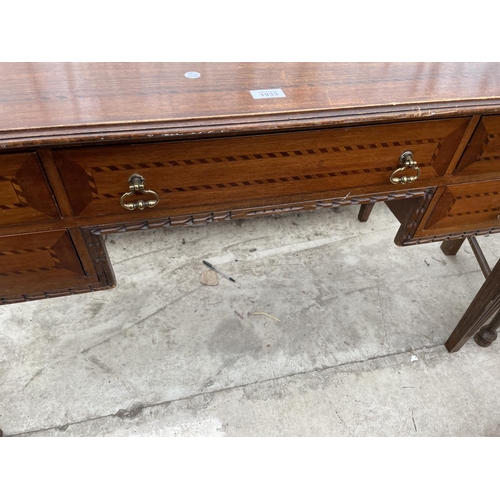 1933 - A 19TH CENTURY STYLE MAHOGANY AND INLAID KNEEHOLE DESK ENCLOSING FIVE DRAWERS, 52