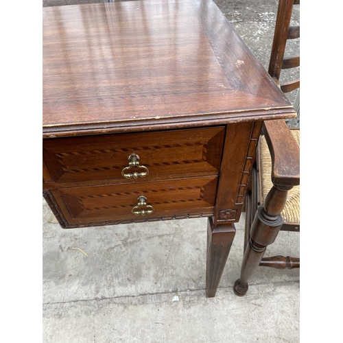 1933 - A 19TH CENTURY STYLE MAHOGANY AND INLAID KNEEHOLE DESK ENCLOSING FIVE DRAWERS, 52