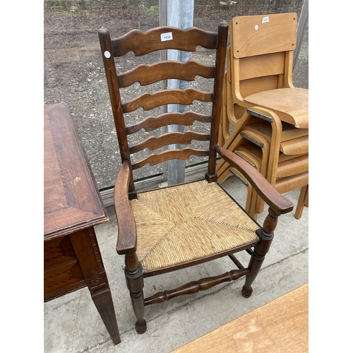 1934 - AN 18TH CENTURY STYLE LADDERBACK RUSH SEATED ELBOW CHAIR