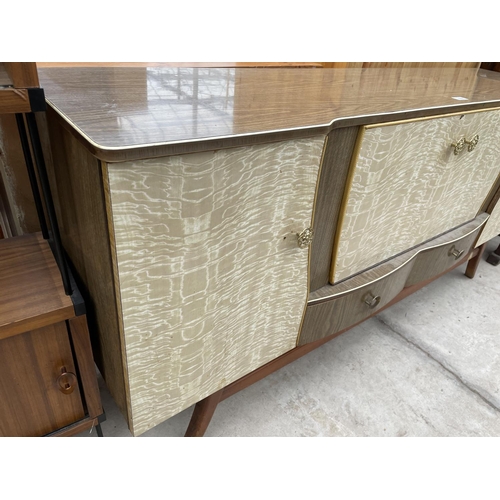 1965 - A RETRO CREAMY WALNUT EFFECT SIDEBOARD/COCTAIL CABINET, ENCLOSING FOUR CUPBOARDDS AND TWO DRAWERS, 6... 