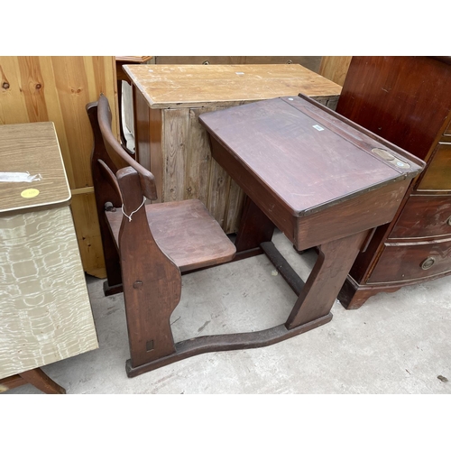 1966 - A VICTORIAN PINE INTEGRAL CHILDS SCHOOL DESK COMPLETE WITH FOLDING SEAT BY JOHN HEYWOOD, MANCHESTER