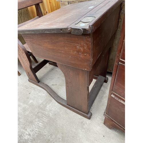 1966 - A VICTORIAN PINE INTEGRAL CHILDS SCHOOL DESK COMPLETE WITH FOLDING SEAT BY JOHN HEYWOOD, MANCHESTER