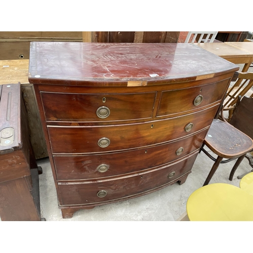 1967 - A 19TH CENTURY BOWFRONTED CHEST OF TWO SHORT AND THREE LONG DRAWERS ON BRACKET FEET