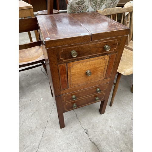 1971 - A REGENCY MAHOGANY AND INLAID WASHSTAND COMMODE WITH PULL-UP VANITY MIRROR WITH ENAMEL BASIN BUT LAC... 