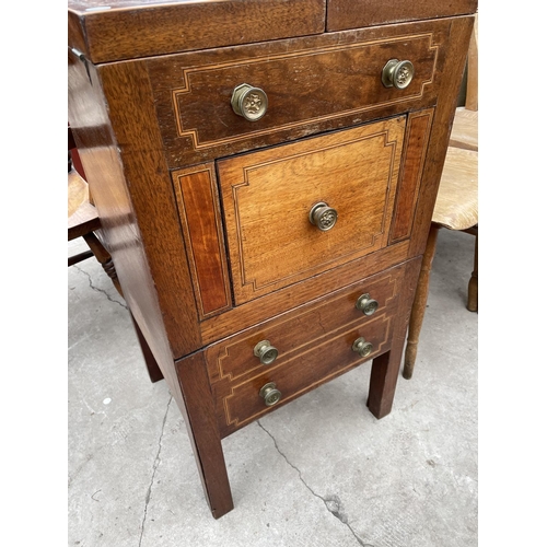 1971 - A REGENCY MAHOGANY AND INLAID WASHSTAND COMMODE WITH PULL-UP VANITY MIRROR WITH ENAMEL BASIN BUT LAC... 