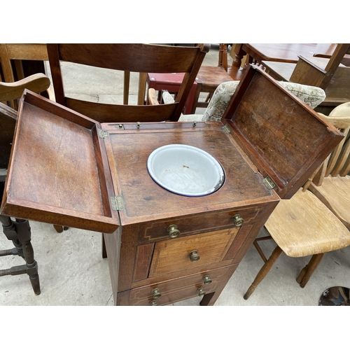 1971 - A REGENCY MAHOGANY AND INLAID WASHSTAND COMMODE WITH PULL-UP VANITY MIRROR WITH ENAMEL BASIN BUT LAC... 