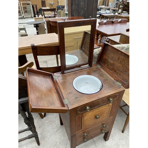 1971 - A REGENCY MAHOGANY AND INLAID WASHSTAND COMMODE WITH PULL-UP VANITY MIRROR WITH ENAMEL BASIN BUT LAC... 