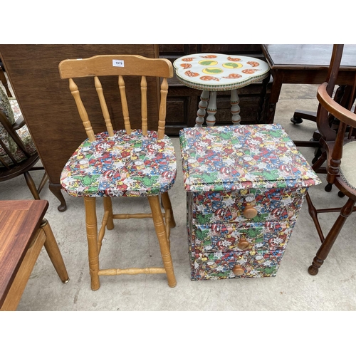 1979 - A MODERN KITCHEN STOOL AND THREE DRAWER CHEST BOTH WITH APPLIED 'MARVEL' DECORATION