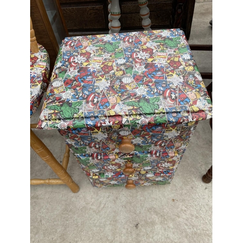 1979 - A MODERN KITCHEN STOOL AND THREE DRAWER CHEST BOTH WITH APPLIED 'MARVEL' DECORATION