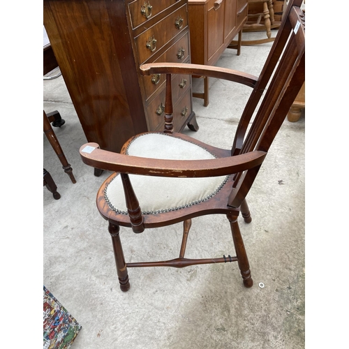 1980 - AN EDWARDIAN MAHOGANY ELBOW CHAIR WITH HEART SHAPED SEAT AND HARP STYLE BACK