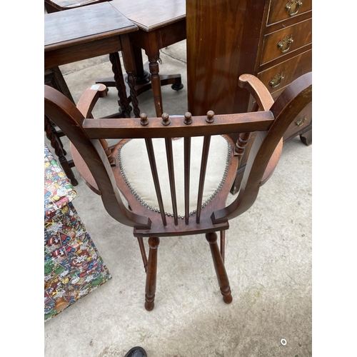 1980 - AN EDWARDIAN MAHOGANY ELBOW CHAIR WITH HEART SHAPED SEAT AND HARP STYLE BACK