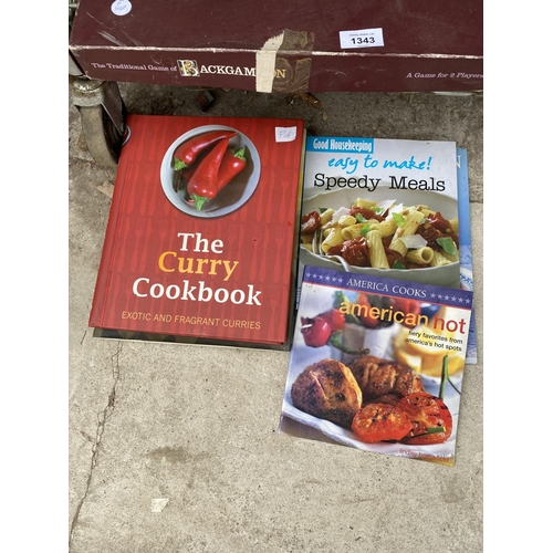 1343 - AN ASSORTMENT OF BOARD GAMES AND COOK BOOKS