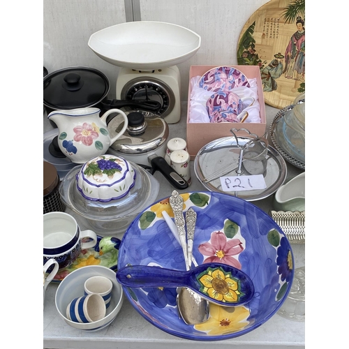 1352 - A LARGE ASSORTMENT OF CERAMIC AND GLASS WARE TO INCLUDE KITCHEN SCALES, POTS AND PANS, LARGE SALAD B... 