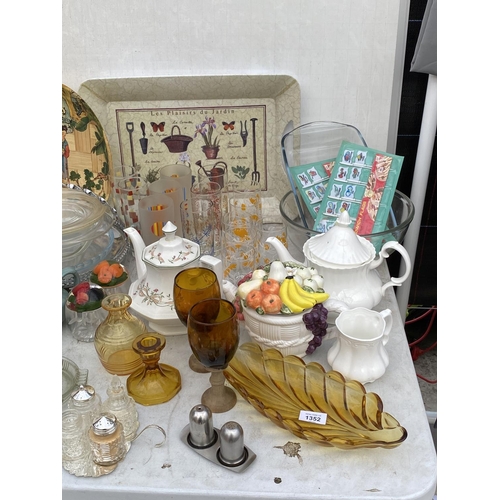 1352 - A LARGE ASSORTMENT OF CERAMIC AND GLASS WARE TO INCLUDE KITCHEN SCALES, POTS AND PANS, LARGE SALAD B... 