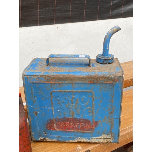 1377 - THREE VINTAGE PETROL CANS TO INCLUDE AN ESSO BLUE PARAFFIN CAN ETC