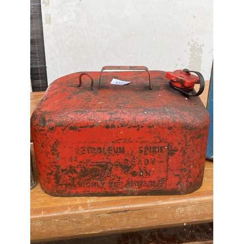 1377 - THREE VINTAGE PETROL CANS TO INCLUDE AN ESSO BLUE PARAFFIN CAN ETC