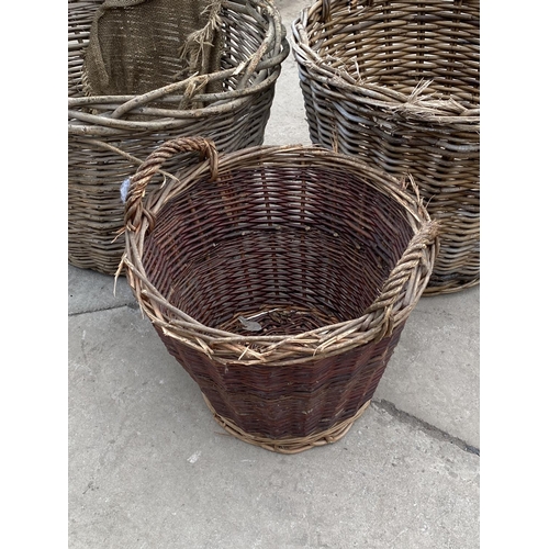 1378 - THREE VARIOUS SIZED WHIKER LOG BASKETS TWO WITH HANDLES AND ONE WITHOUT