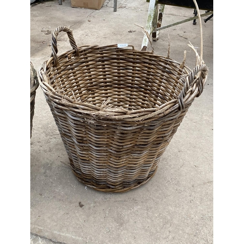 1378 - THREE VARIOUS SIZED WHIKER LOG BASKETS TWO WITH HANDLES AND ONE WITHOUT