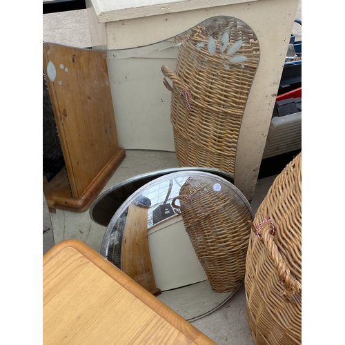 1409 - AN ASSORTMENT OF ITEMS TO INCLUDE A REVOLVING SHELF UNIT, WHICKER BASKET AND TWO MIRRORS ETC