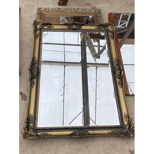 1451 - THREE MIRRORS TO INCLUDE TWO BEVELED EDGE GILT FRAMED AND A FURTHER WOODEN FRAMED MIRROR