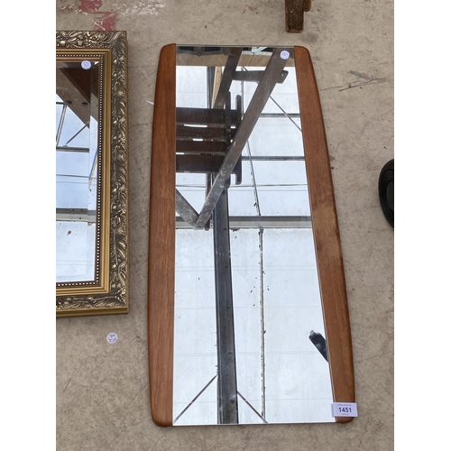 1451 - THREE MIRRORS TO INCLUDE TWO BEVELED EDGE GILT FRAMED AND A FURTHER WOODEN FRAMED MIRROR