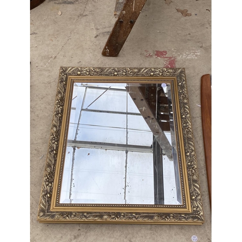 1451 - THREE MIRRORS TO INCLUDE TWO BEVELED EDGE GILT FRAMED AND A FURTHER WOODEN FRAMED MIRROR