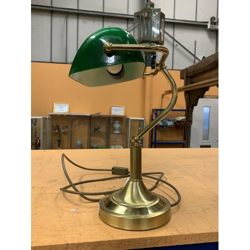 38 - A BRASS BANKERS LAMP WITH GREEN SHADE