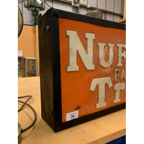 39 - AN ILLUMINATED 'NUFFIELD PARTS DEPT TRACTORS' SIGN