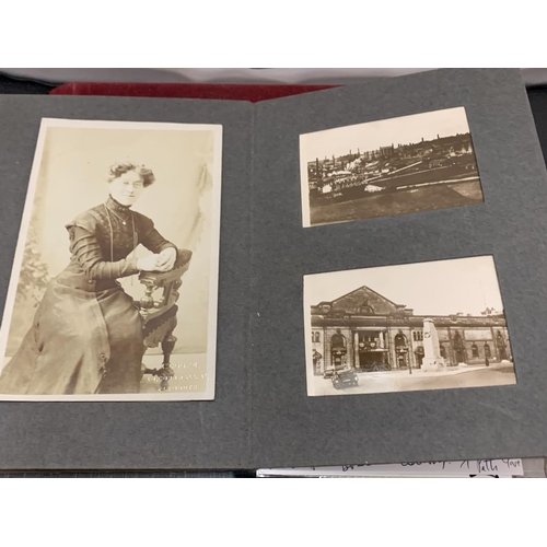 64 - A VINTAGE HARDBACK PHOTO ALBUM TO CONTAIN A SELECTION OF BLACK AND WHITE EXAMPLES