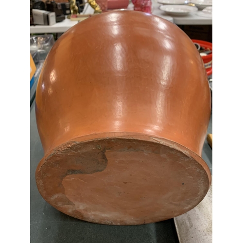 78 - A LARGE DECORATIVE GLAZED TERRACOTTA PLANTER - HEIGHT 33CMS