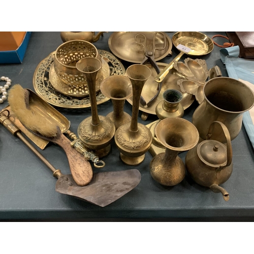 83 - A LARGE QUANTITY OF BRASS WARE TO INCLUDE VASES, GOBLETS, PLATES ETC