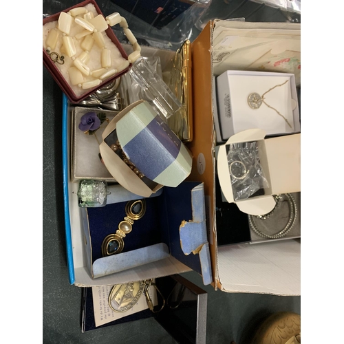 86 - A BOX OF MIXED JEWELLERY TO ALSO INCLUDE A DESK CLOCK