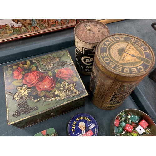 92 - AN ASSORTMENT OF VINTAGE METAL TINS TO INCLUDE A QUANTITY OF WATCH MOVEMENTS