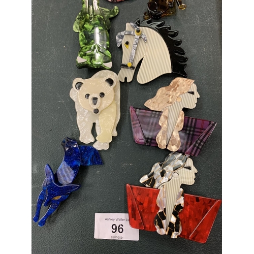 96 - A SELECTION OF VERY UNUSUAL RESIN BROOCHES IN THE FORM OF FOXES , CATS ETC