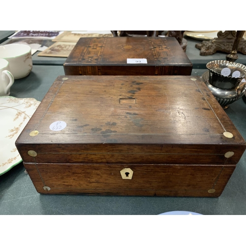 99 - A PAIR OF VINTAGE WOODEN HINGED BOXES AND SIX PIECES OF BLUE AND WHITE WEDGWOOD JASPER WARE