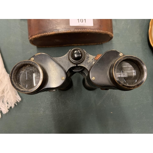 101 - A PAIR OF VINTAGE LEATHER BOXED BINOCULARS AND A FURTHER PAIR OF CHINON ZOOM RAPID FOCUS