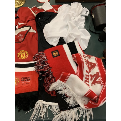 102 - A QUANTITY OF MANCHESTER UNITED FOOTBALL CLOTHING TO INCLUDE TWO SCARVES