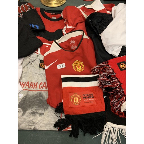 102 - A QUANTITY OF MANCHESTER UNITED FOOTBALL CLOTHING TO INCLUDE TWO SCARVES