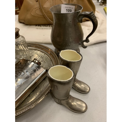 109 - A SMALL SILVER PLATED TRAY, TWO CANDLESTICKS, A SMALL GLASS BOTTLE WITH SILVER STOPPER TOP ETC