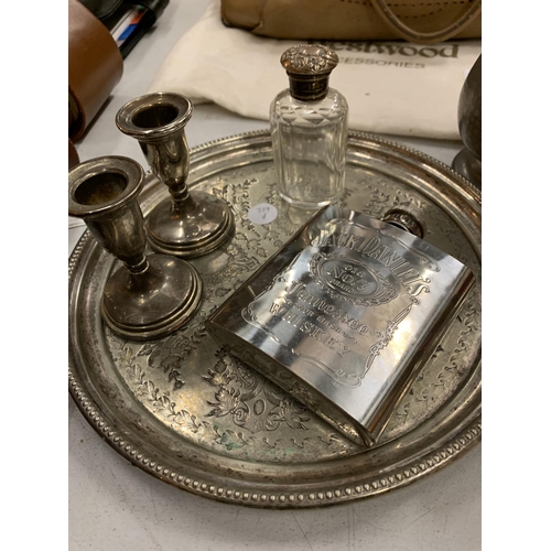 109 - A SMALL SILVER PLATED TRAY, TWO CANDLESTICKS, A SMALL GLASS BOTTLE WITH SILVER STOPPER TOP ETC