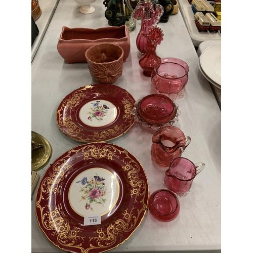 113 - AN ASSORTMENT OF ITEMS TO INCLUDE A PAIR OF ROYAL WORCESTER DECORATIVE PLATES AND SEVEN CRANBERRY GL... 