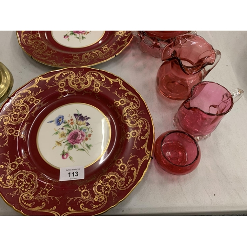 113 - AN ASSORTMENT OF ITEMS TO INCLUDE A PAIR OF ROYAL WORCESTER DECORATIVE PLATES AND SEVEN CRANBERRY GL... 