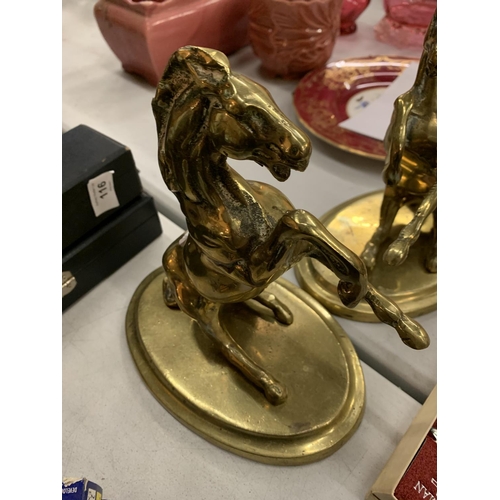 114 - A PAIR OF BRASS REARING HORSES ON PLINTHS AND A INKERMAN SHEFFIELD CHEESE KNIFE