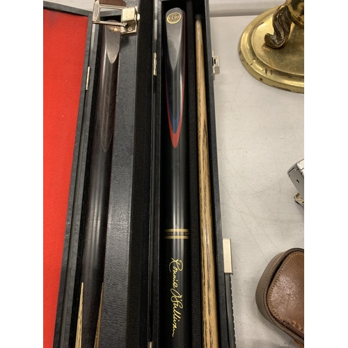 116 - THREE FULL SIZE SNOOKER CUES WITH CUSTOM CASES