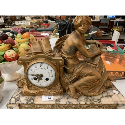 124 - A SPELTER FIGURINE MANTLE CLOCK ON MARBLE BASE